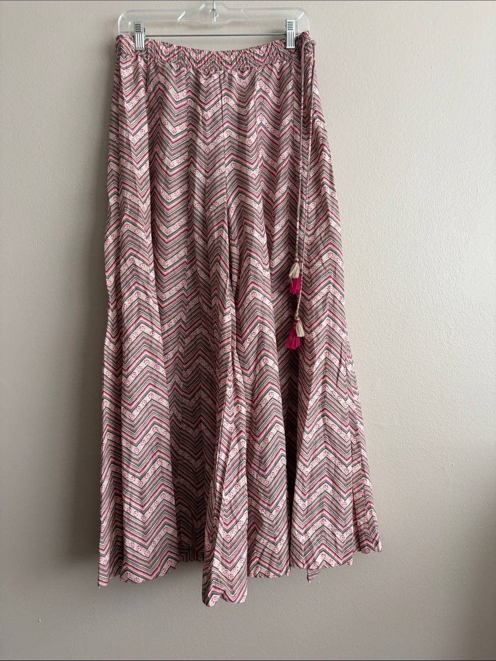 Boho Pink Chevron Wide Leg Palazzo Pants Tassels Size M